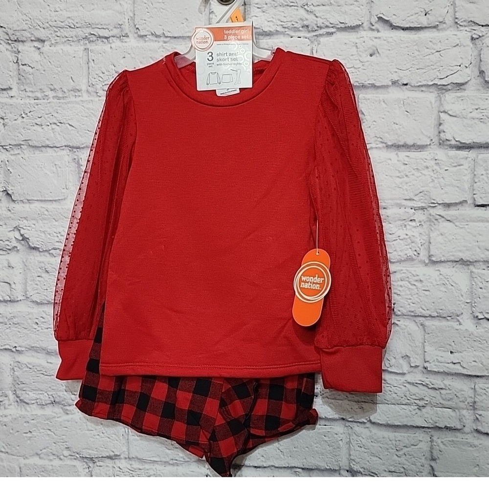 Wonder Nation Toddler Girls 3 Piece Holiday Shirt Skort Tights Set Red Plaid‎ 4T